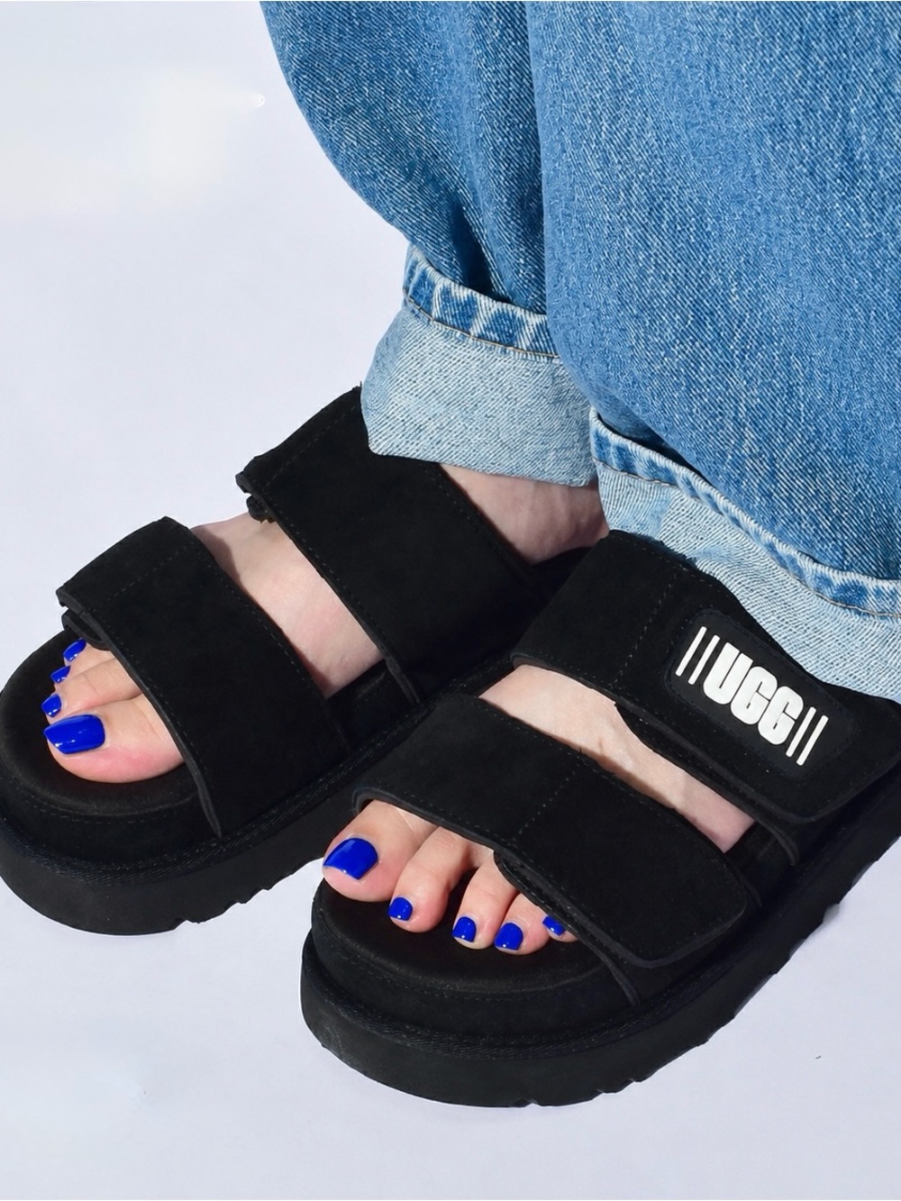 UGG Greer Black Suede Platform Slide Sandals Women’s Size 9.5 Y2K Logo Chunky